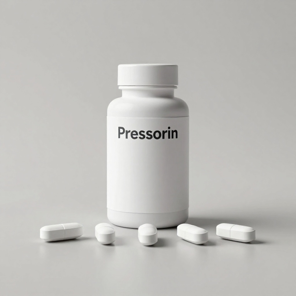 Pressorin supliment natural pentru hipertensiune în cutie elegantă albă cu etichetă verde, conținând 60 de capsule pentru menținerea presiunii arteriale stabile și susținerea tonusului general al organismului, ambalat profesional pe fundal neutru